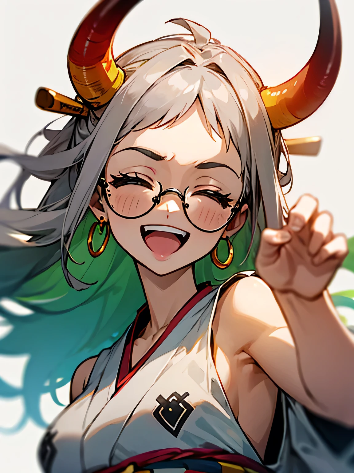 solo,upperbody,glasses,Yamatrope, :d, shimenawa, Gray Hair, Earrings, kimono, One girl, smile, Open your mouth, Underarm, No sleeve, Multicolored Hair, close your eyes, Bare shoulders, Upper Body, alone, horn, Raise the hand, Side bust, Green Hair, No sleeve kimono, Long Hair, jewelry, paniced face:1.2