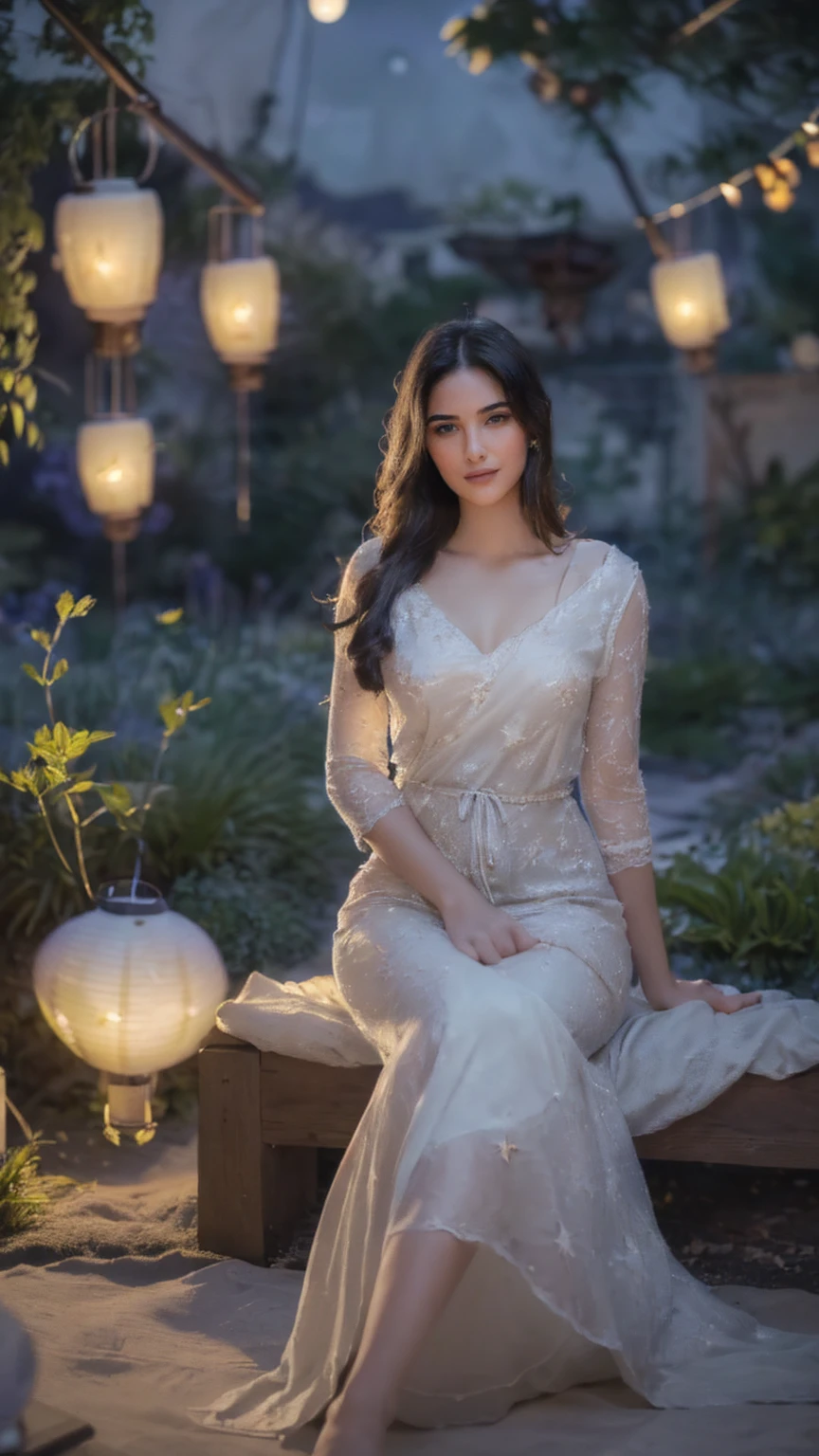 ((Beautiful girl sitting under the moonlight in a beautiful garden lit by hanging lanterns:1.5)), dreamy expression, long flowing hair, elegant dress, moonlit garden, bright moonlight, dramatic lighting, cinematic atmosphere, detailed portrait, photorealistic, 8k, highest quality, intricate details, hyper-realistic, natural skin tones, masterpiece