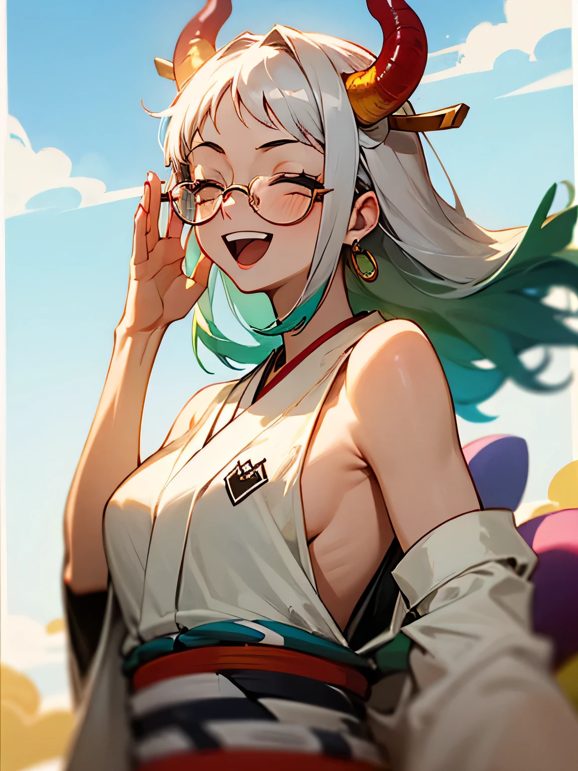 solo,upperbody,glasses,Yamatrope, :d, shimenawa, Gray Hair, Earrings, kimono, One girl, smile, Open your mouth, Underarm, No sleeve, Multicolored Hair, close your eyes, Bare shoulders, Upper Body, alone, horn, Raise the hand, Side bust, Green Hair, No sleeve kimono, Long Hair, jewelry, paniced face:1.2