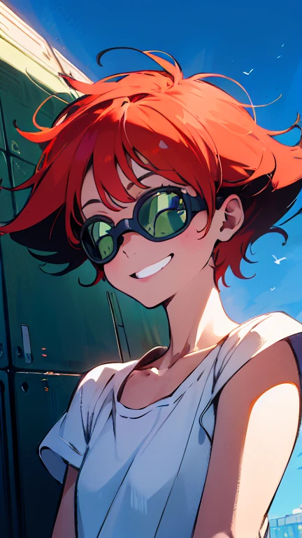 (Radical Ed:1.5), (Edward Wong Hau Pepelu Tivrusky IV), red hair, (Green goggles), white shirt, A once-in-a-millennium masterpiece, A photo you will never get again, Inexplicable high resolution, The cutest girl in the world, Ultra high definition eyes, Eyes that seem to draw you in, Jewel-like eyes, Extreme close up, smile, very slender, clavicle, , spaceship on the background, blue sky