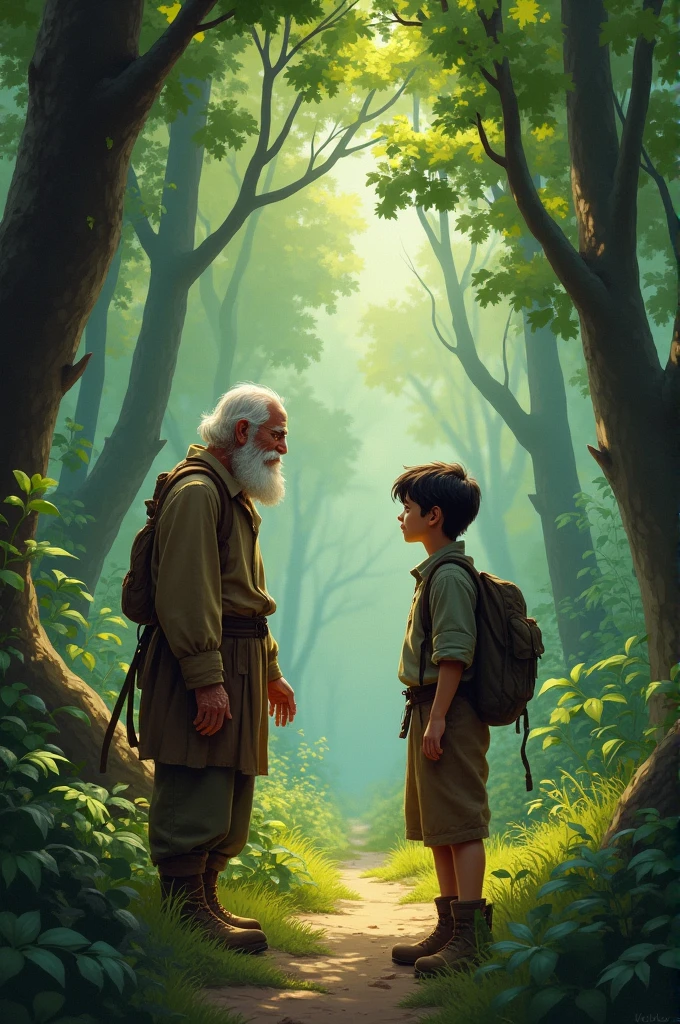 Young boy helping old man carry a basket in forest
