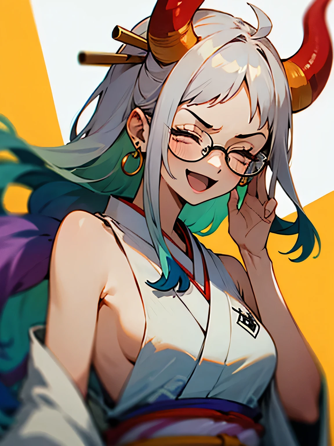 solo,upperbody,glasses,Yamatrope, :d, shimenawa, Gray Hair, Earrings, kimono, One girl, smile, Open your mouth, Underarm, No sleeve, Multicolored Hair, close your eyes, Bare shoulders, Upper Body, alone, horn, Raise the hand, Side bust, Green Hair, No sleeve kimono, Long Hair, jewelry, Serious face、