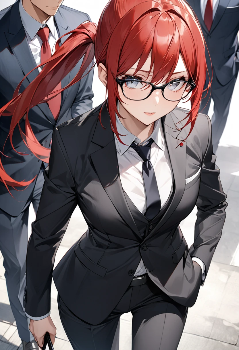 High image quality、Red hair in a ponytail、Wear glasses、Three white eyes、suit、tie、pants、I&#39;m using a computer、Smiling