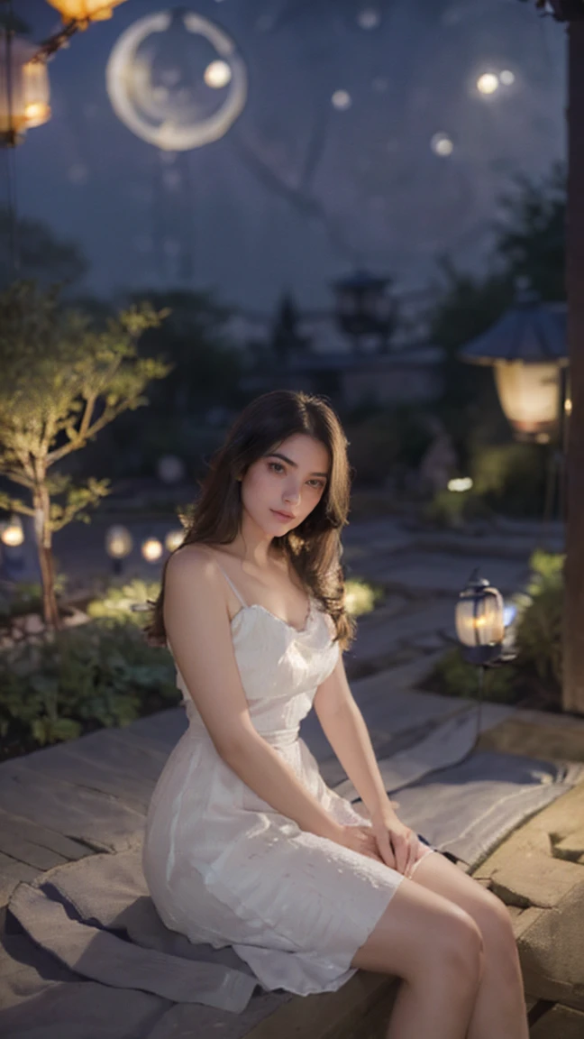 ((Beautiful girl sitting under the moonlight in a beautiful garden lit by hanging lanterns:1.5)), dreamy expression, long flowing hair, elegant dress, moonlit garden, bright moonlight, dramatic lighting, cinematic atmosphere, detailed portrait, photorealistic, 8k, highest quality, intricate details, hyper-realistic, natural skin tones, masterpiece