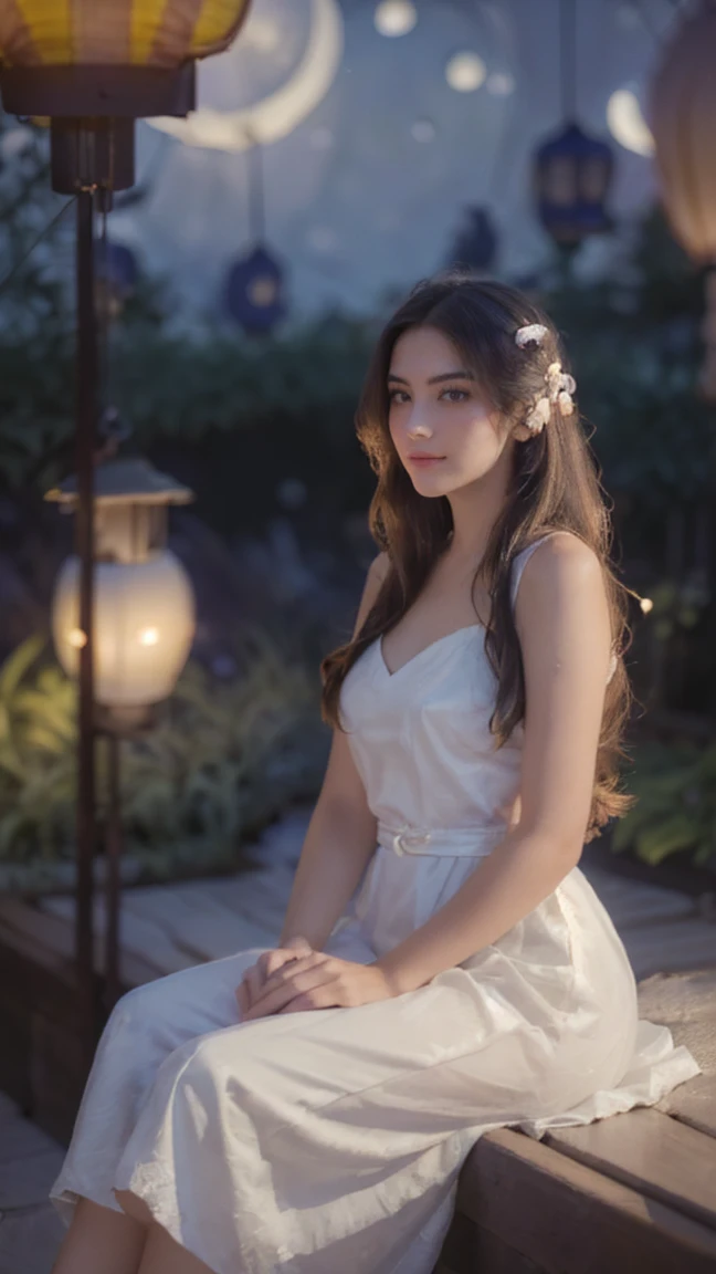 ((Beautiful girl sitting under the moonlight in a beautiful garden lit by hanging lanterns:1.5)), dreamy expression, long flowing hair, elegant dress, moonlit garden, bright moonlight, dramatic lighting, cinematic atmosphere, detailed portrait, photorealistic, 8k, highest quality, intricate details, hyper-realistic, natural skin tones, masterpiece