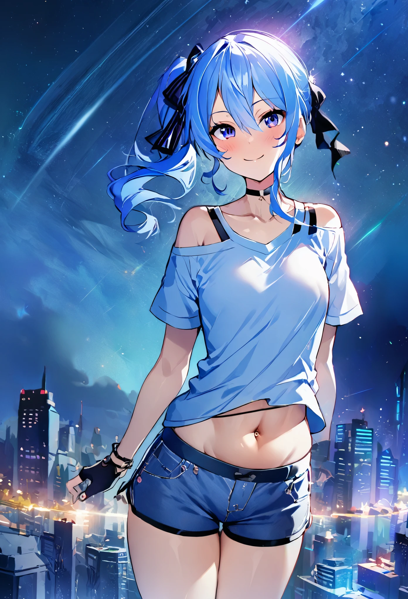 (8k、Best image quality、highest quality、masterpiece)、Detailed face、 1teen_girl、Blue Hair、Long Hair、sideponytail、dark_blue_eyes、smile,(navel_peek)、(small_breasts:0.8),(White_short_T-shirt:1.3)、Off the shoulder、Black shoulder straps、(open_front_shorts,denim_short_shorts:1.2)、City Background, starry_sky_landscape ,hoshimachi suisei,(covered_nipples:0.3), (belly_button:1.2),nihil,solo,stargaze,girl_looking_up_sky,slender,solo,boots,abs, tight_waist, point_to_sky