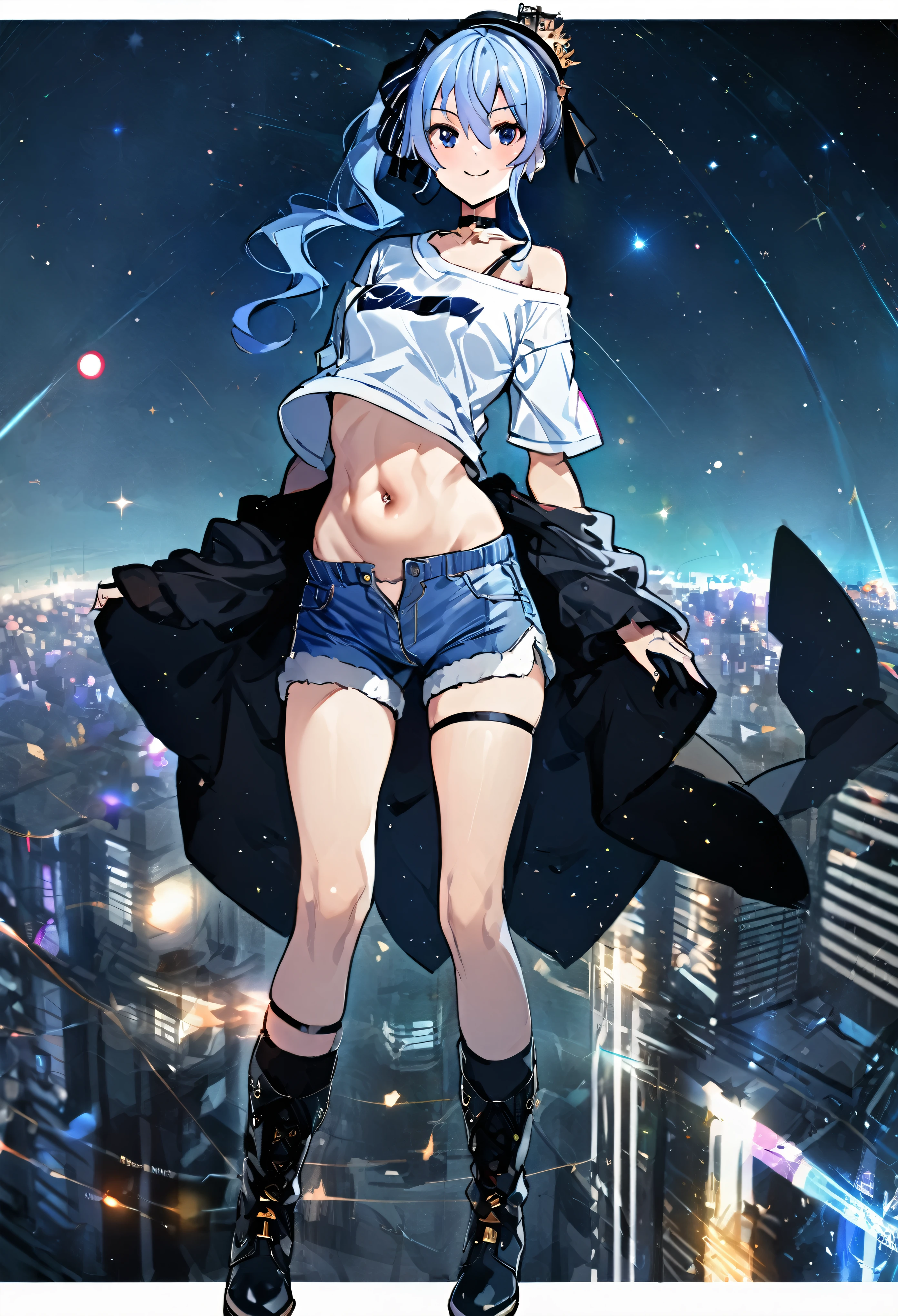 (8k、Best image quality、highest quality、masterpiece)、Detailed face、 1teen_girl、Blue Hair、Long Hair、sideponytail、dark_blue_eyes、smile,(navel_peek)、(small_breasts:0.8),(White_short_T-shirt:1.3)、Off the shoulder、Black shoulder straps、(open_front_shorts,denim_short_shorts:1.2)、City Background, starry_sky_landscape ,hoshimachi suisei,(covered_nipples:0.3), (belly_button:1.2),nihil,solo,stargaze,girl_looking_up_sky,slender,solo,boots,abs, tight_waist, point_to_sky