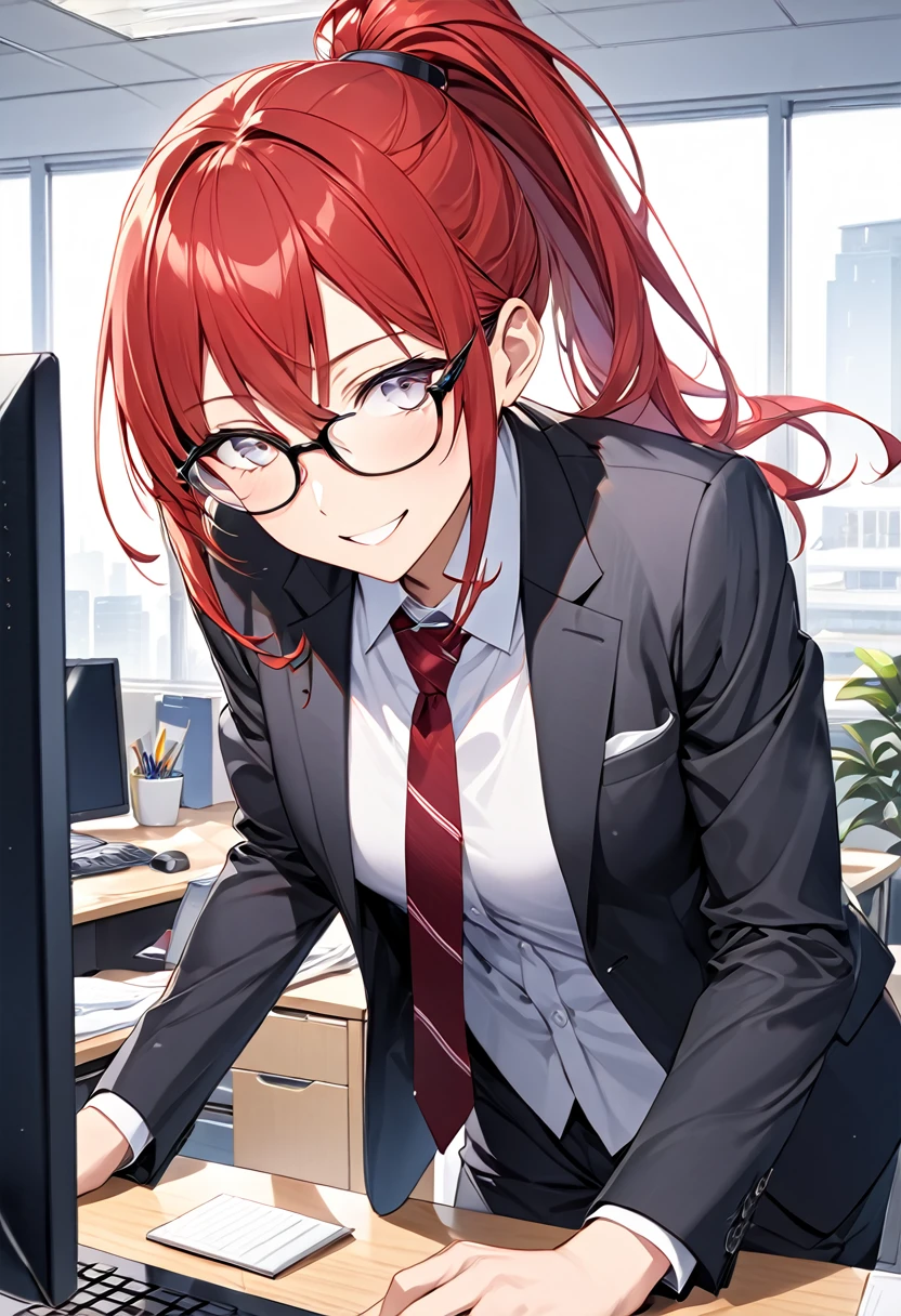 High image quality、Red hair in a ponytail、Wear glasses、Three white eyes、suit、tie、pants、In the office、Using a computer at a desk、Smiling