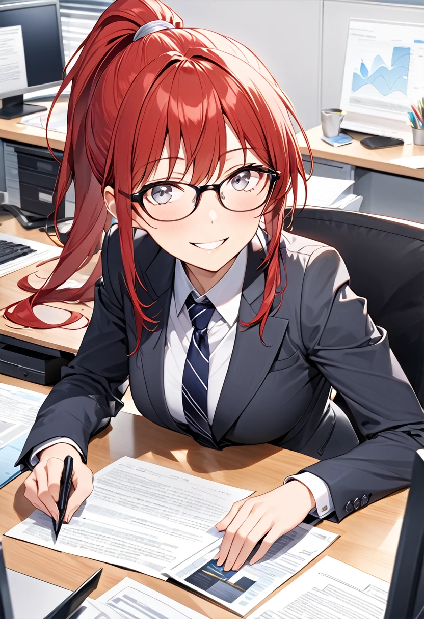 High image quality、Red hair in a ponytail、Wear glasses、Three white eyes、suit、tie、pants、In the office、Using a computer at a desk、Smiling