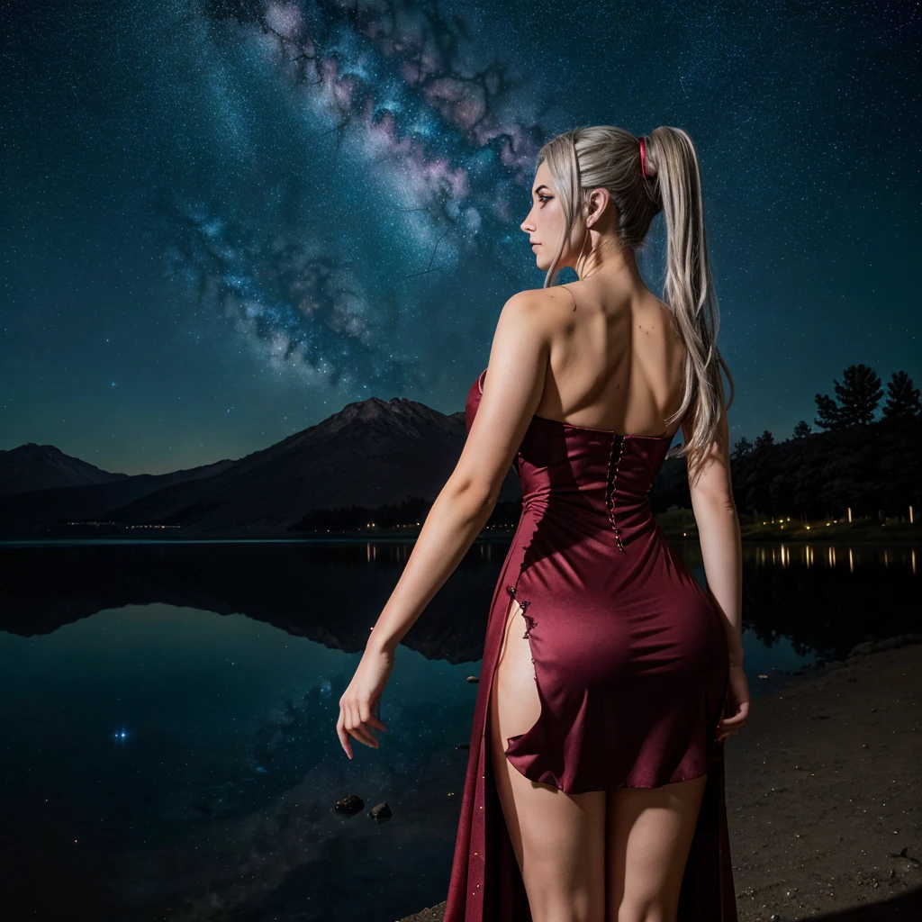 1 sexy elf woman submerged in a lake from the waist down, almost her entire body submerged in the water, dressed in green transparent elf outfit ..Masterpiece, super beautiful starry night sky, an elf woman in a translucent transparent dress, semi naked, the dress covers her parts. Panoramic camera perspective, seductive curvy body, blue eyes. detailed eyes, almond eyes, delicate face, detailed face. Super long wet light blonde hair, detailed body. in a lake bathing, semi naked body. Light blue sparkling lake. starry background, (dark night) (star lighting).. (fireflies). Starry sky, firefly lights. landscape Cin many colorful flowers, lake illuminated by moonlight. back image, perspective from behind.