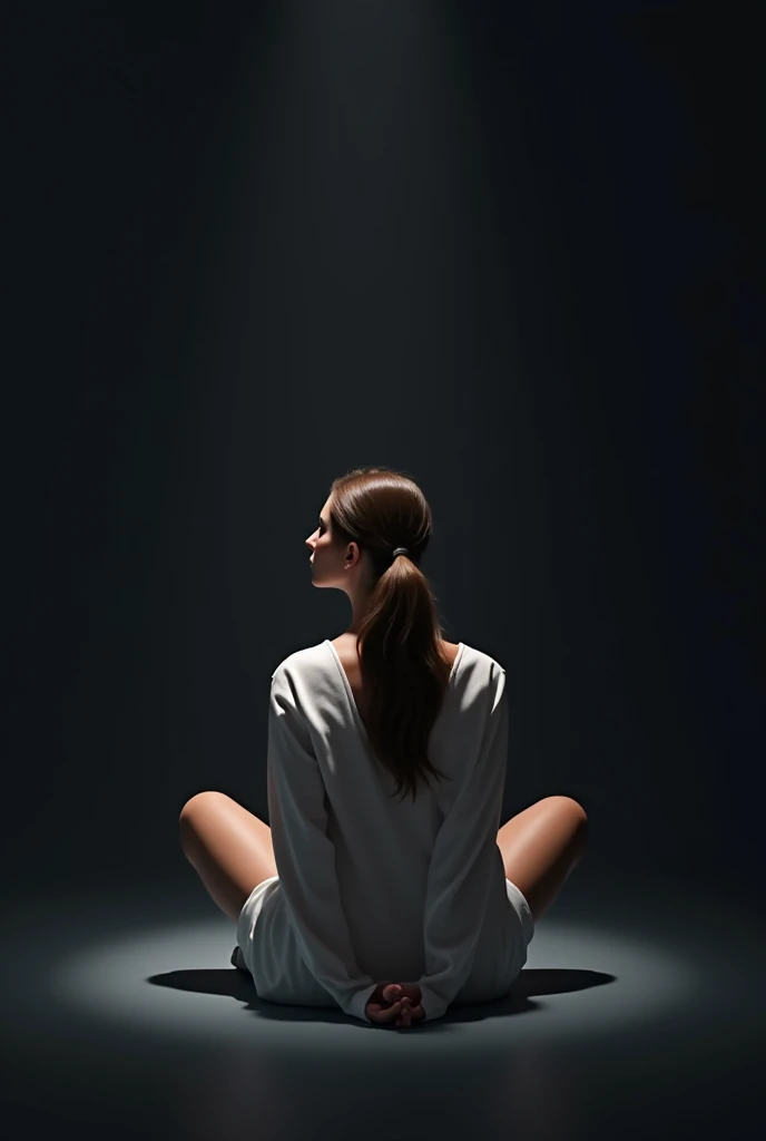 Person sitting in the fetal position in a dark corner. Gradually, the darkness is penetrated by rays of colored light, representing hope and healing. Photorealistic style with dramatic use of light and shadow, high definition, realistic style with touches of divine light, cinematic style, soft colors. Photorealism style, high resolution, 8k