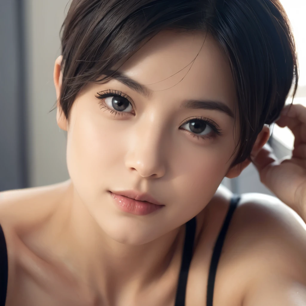 (yinchuan:1.5), masterpiece、 top-quality、 Raw foto、 Photorealsitic、 high-detail、 a closeup、 finely detail、 ighly detailed、 extremely detailed eye and face、 Sharp pupils、 The 8k quality、 Realistic、 Realisticity、 The ultra -The high-definition、 high-definition picture、 detaileds、 Realistic、 depth of fields、 hight resolution、 Cinematic lighting、 foco nítido、 movie lights、 Natural Skin、 Skin without radiance、 Hair as in the photo、 beautiful hairl、 Super beautiful hair、 Beautiful hair、 scalp、 Top of the head、 whole head、 Super beauty、 A hyper-realistic、 Beautiful fece、short-hair、 A dark-haired、 japanes、 The upper part of the body、 undergarment、 a room、a bed、((strong lights))、((strong lighting))、((Hair shining in the light:1.8))、((Facing down))