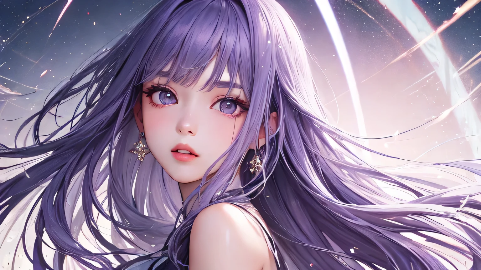 Anime girl with long purple hair and earrings in front of a starr sky ...