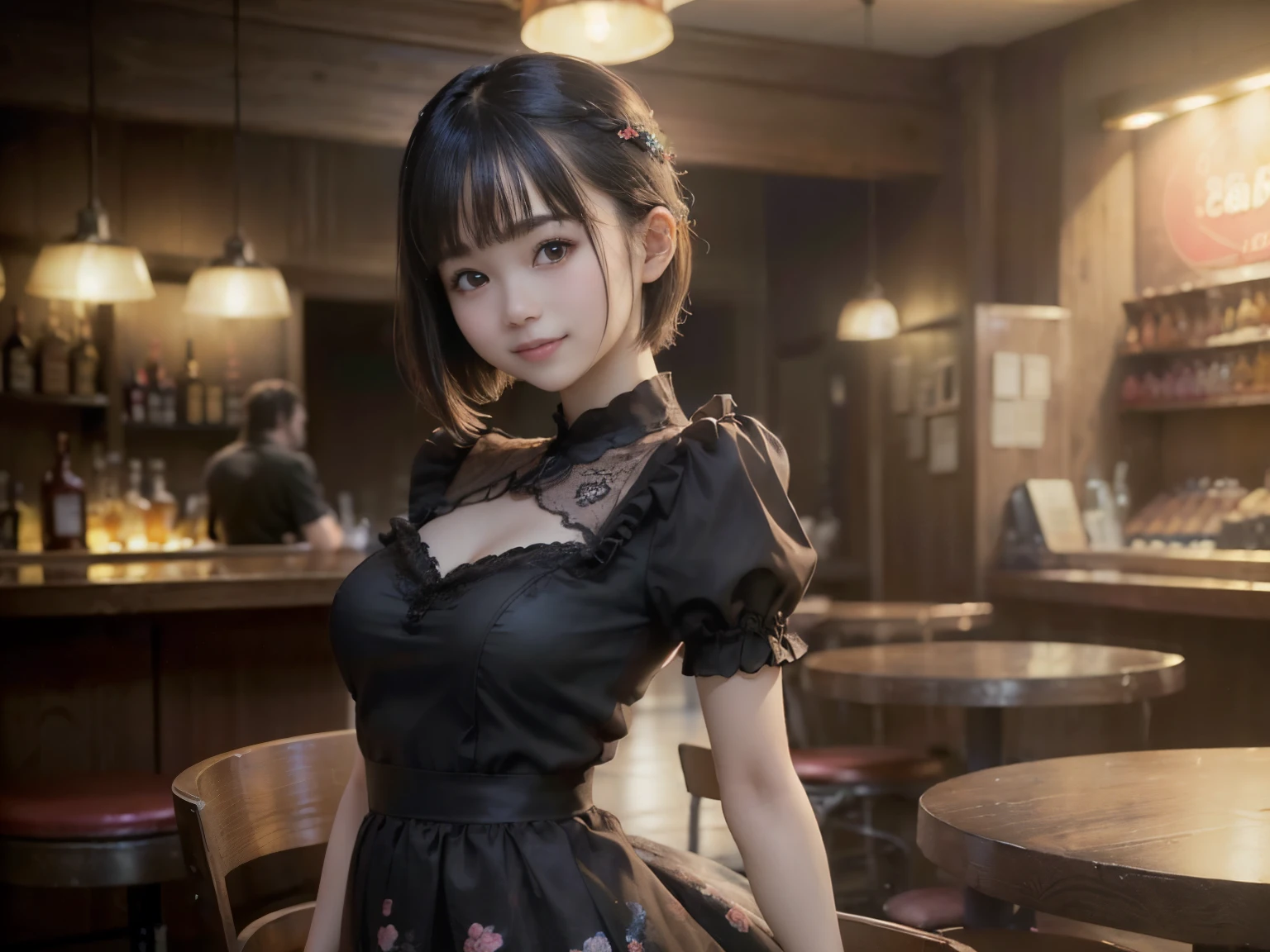 (Highest quality, masterpiece, Ultra-high resolution, 8k, RAW Photos, Realistic, Anatomically correct:1.5), 20-year-old girl:1.2, Embarrassing, avert your eyes, blush:1.0, View Viewer, ((bar)) 、Large windows、Night view、 Light:1.2, Bokeh, Cinema Lighting:1.0, Depth of written boundary, sharp、 Cute Face、Idol、(Black short sleeve lace top)、(Black tulle skirt)、”dwarf”、(Full Body Shot)、(Side angle)、Cowboy Shot、( smile)、((Ultra short hair、Berry Short))、(Straight bangs)、((See-through))、(( One woman))、Waist、(I can see your thighs)、look back、