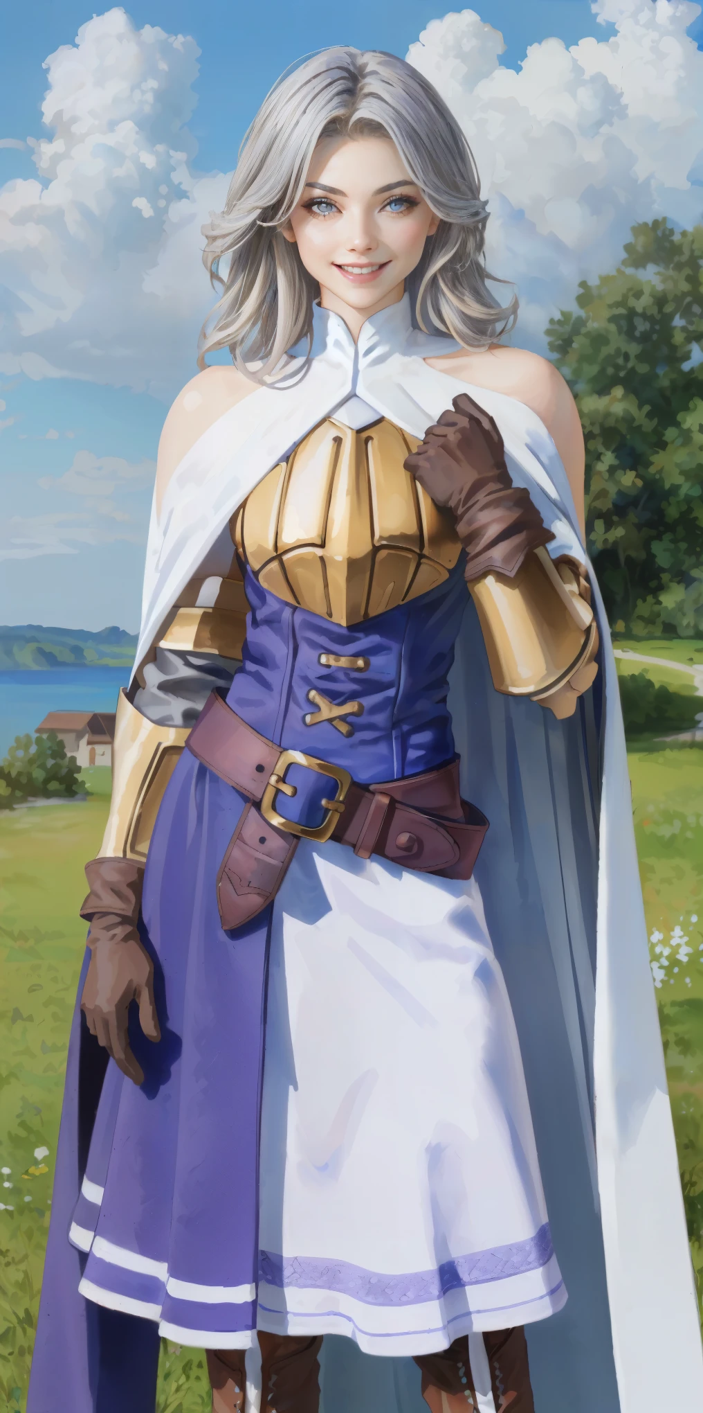 (Female chest covered)(smile) Gray skin, pale golden hair and violet eyes. She prefers clothing of white and silver with cloaks of deep blue or purple, village background, huge_knockers ((very precise detailed)) ((highres) (masterpiece, best quality), 1girl, KnightFFT, WHITE cape, armor, WHITE dress, belt, gloves, boots