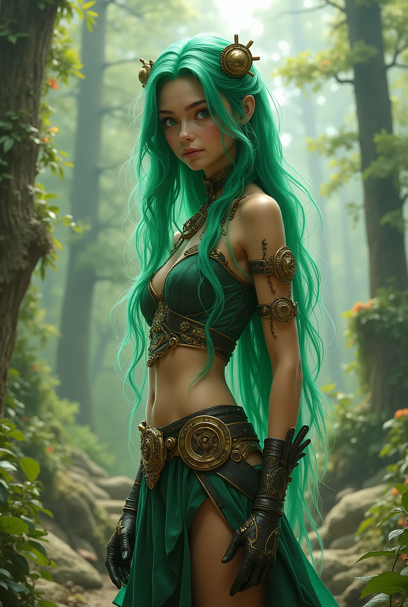 (A beautiful slim girl, long messy green hair), (black spots crop top, pants), (fantasy style), (highly detailed, 8K, cinematic lighting), (elegant, serene, dreamy), outdoors