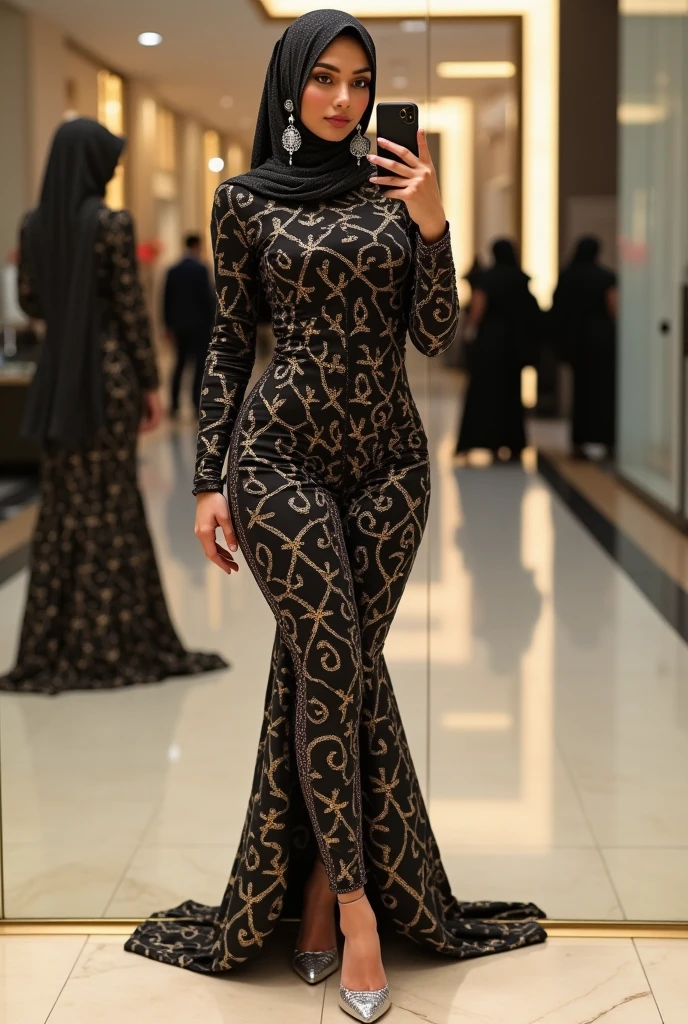 Ultra HD, masterpiece, 3d, sexy muslim girl, symmetrical face, sexy eyes, large boobies, sexy ass, clevage show, walking on the ramp, background modelling ramp, black sexy Thai showing burkha, black high heels, printed dress