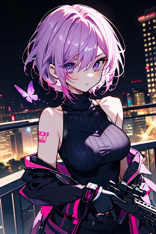anime girl is wearing aesthetic outfit with a text "amethyst" on her clothes, in citylights background