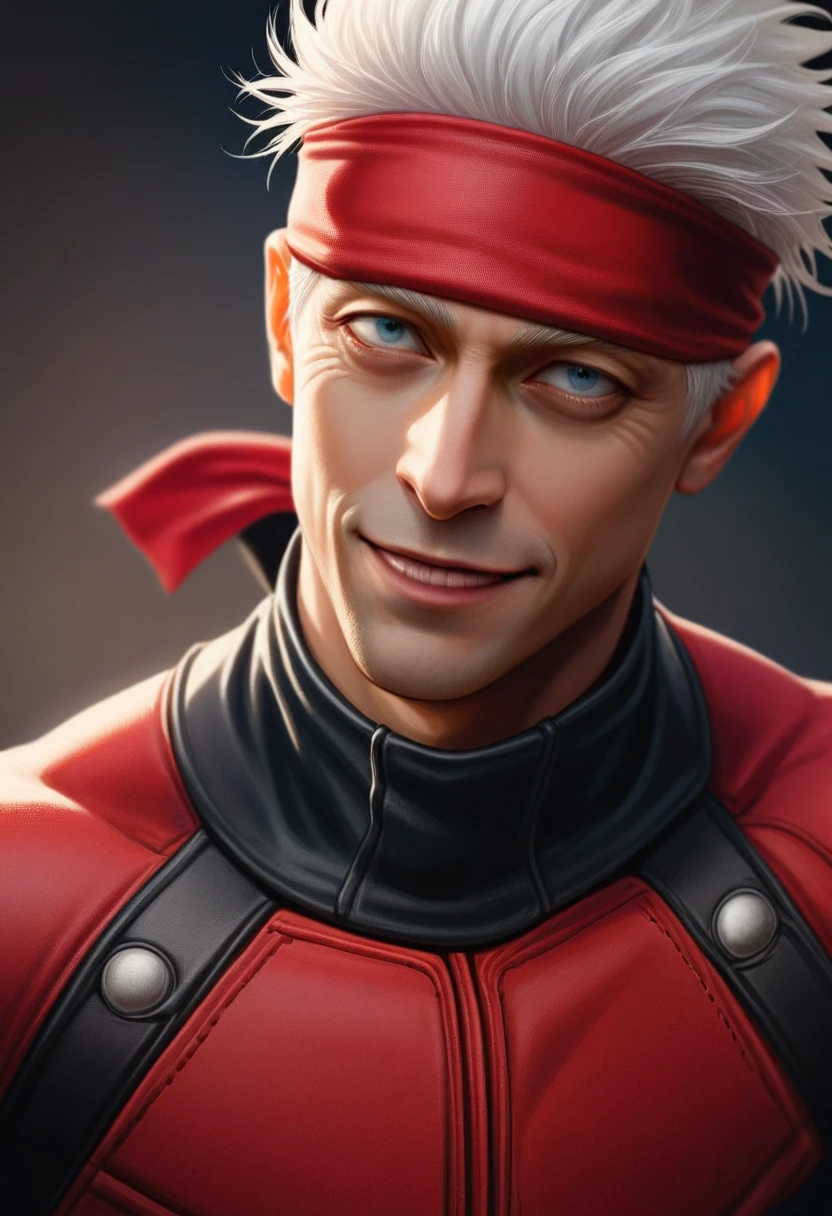 ((Best quality)), ((masterpiece)), ((realistic)), ultra detailed, HDR, master piece, Gojou Satoru, white hair, blindfolded eyes, Deadpool suit outfit without mask, Jujutsu Kaisen, man, handsome, best quality, solo, handsome smile