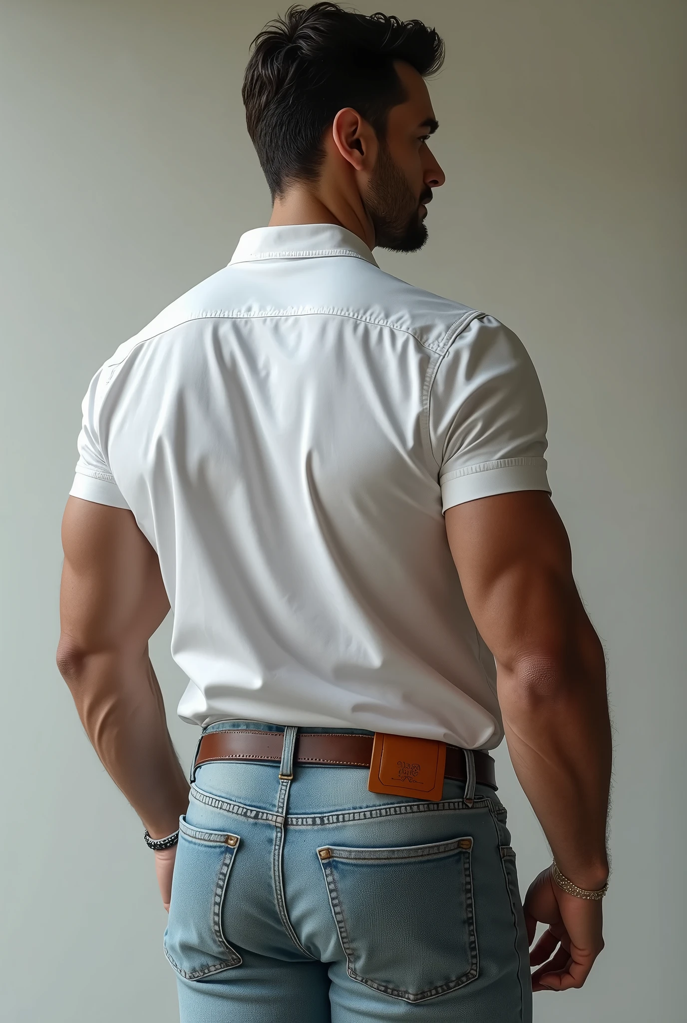 Arafed man in a white shirt and jeans standing with his hands in his ...