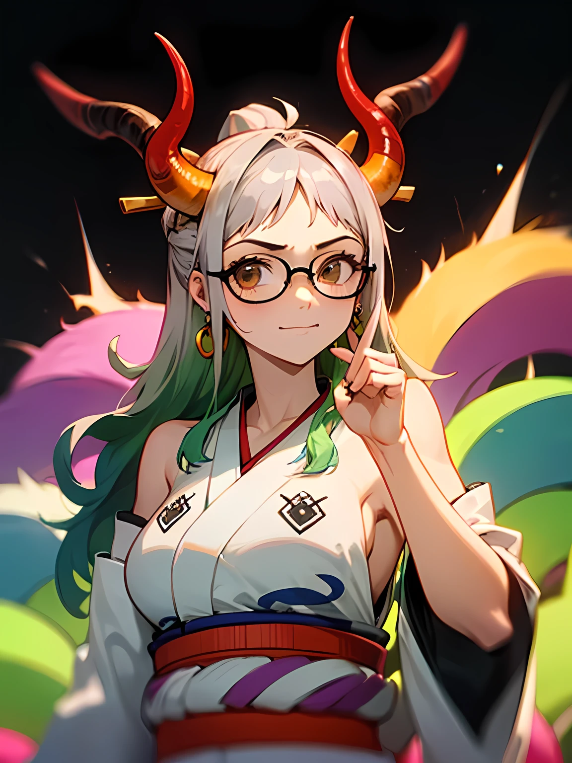 solo,(looking at viewer:1.2),upperbody,glasses,big teears,happy sad,Yamatrope, shimenawa, Gray Hair, Earrings, kimono, Underarm, No sleeve, Multicolored Hair, Bare shoulders, alone, horn, Raise the hand, Side bust, Green Hair, No sleeve kimono, Long Hair, jewelry, 