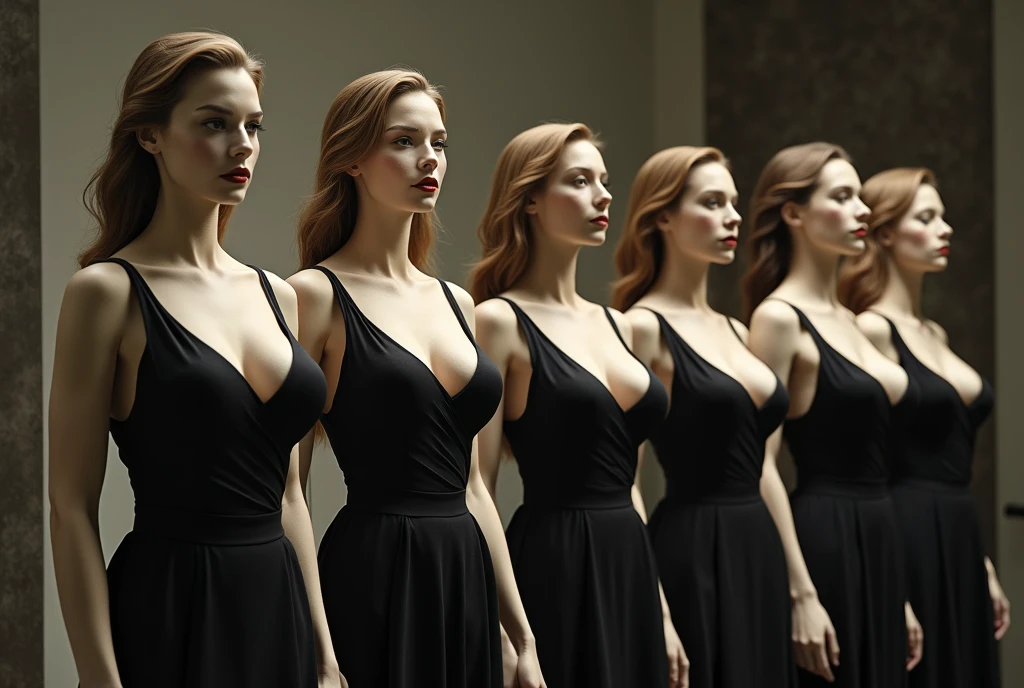 (highly detailed)
Image of alot of mannequin figure ( girls especially but don't make face of girls don't make eyes lips nose eye brows just round face and hair make it animated and mysterious) but make them wearing typical long red bodycon dress revealing cleavage and thigh