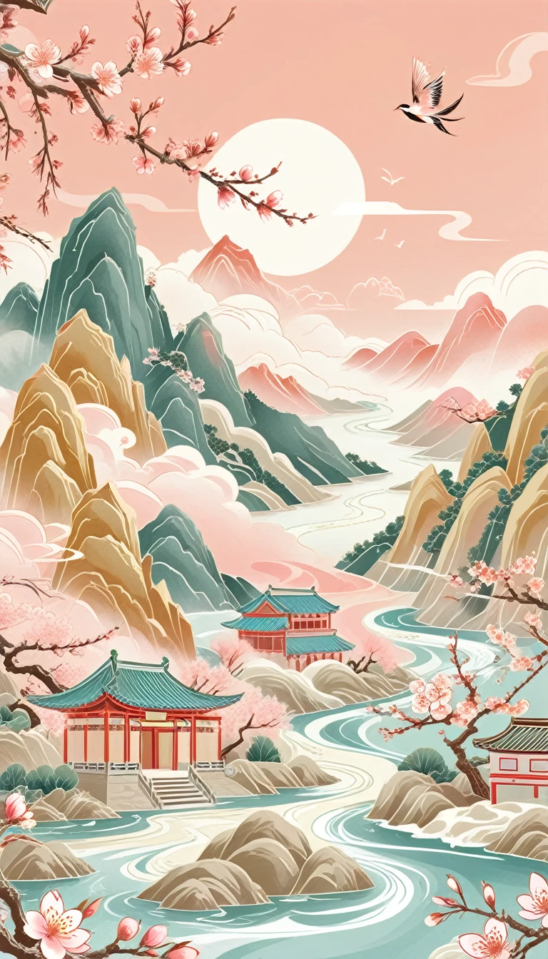 (Golden ratio composition), (Golden Ratio), Mountain, river, wood, Peach Blossom, spring,  null, cloud, comics, Flat Illustration，National Peak，Chinese style，Gatch