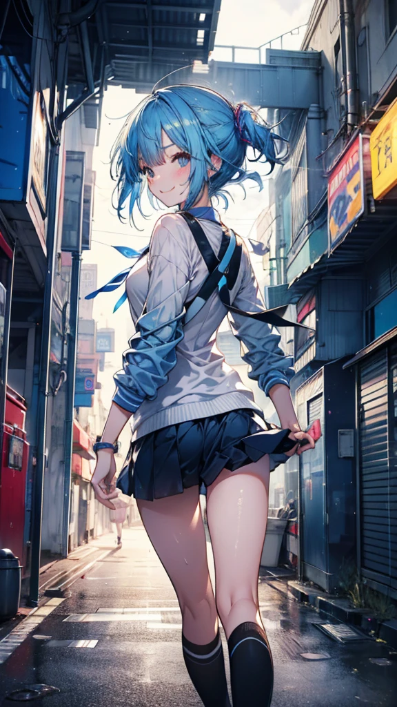 1 girl(short cut)Subculture lace top,Lace-up fingerless gloves,Shorts,Asymmetric fishnet knee-high socks,garter belt (Standing in front of the graffiti on the brick wall.)