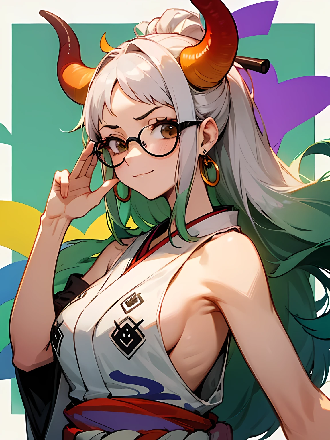 solo,(looking at viewer:1.2),upperbody,glasses,big teears,happy sad,Yamatrope, shimenawa, Gray Hair, Earrings, kimono, Underarm, No sleeve, Multicolored Hair, Bare shoulders, alone, horn, Raise the hand, Side bust, Green Hair, No sleeve kimono, Long Hair, jewelry, 