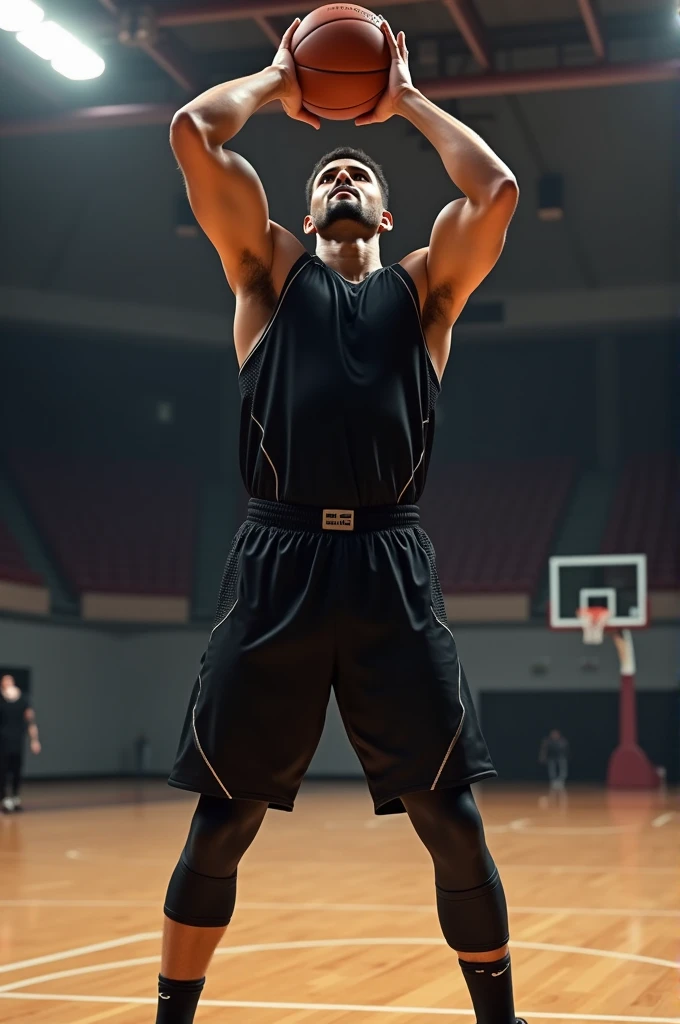 A muscular human pose standing on a ball and crossing his arms in a cool pose.