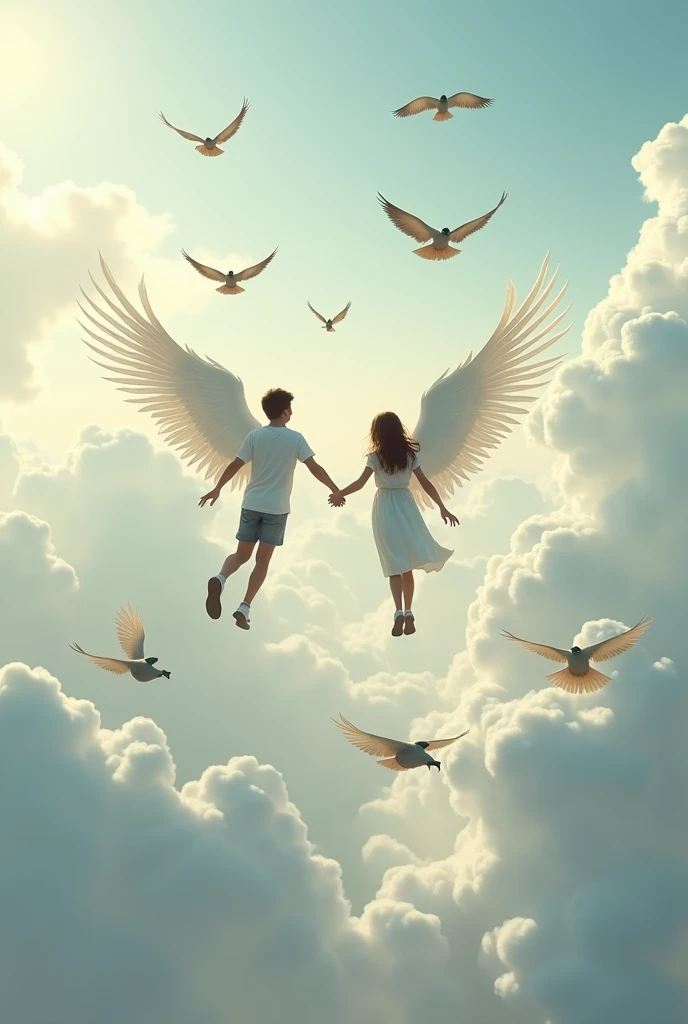 Two male angels falling from heaven, one has black wings and the other has white wings, they are wearing a transparent white velvet, they have autumn ornaments on their heads