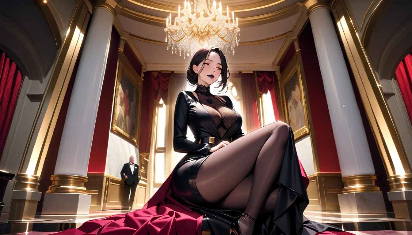 (NSFW: 1.4), (Best Quality, Masterpiece: 1.1), (Fidelity: 1.4), Woman, 22 years old, Lustful Look, Flushed Face, Face of Pleasure, Lustful Expression, Lascivious Smile, Bright Red Short Hair, Purple Colored Eyes, (Setting: Main Room), Candlelight Environment, Lace Stockings, Lace Choker, Flying Hearts, Silk Lingerie, Sitting in an Armchair, Legs Open, Full Body, High Heels,  bare crotch, camel's paw, detailed hairy pubic anatomy, small breasts, hard chest beak, looking at the viewer, pov from below, comics style, analog style, illustration, lineart.