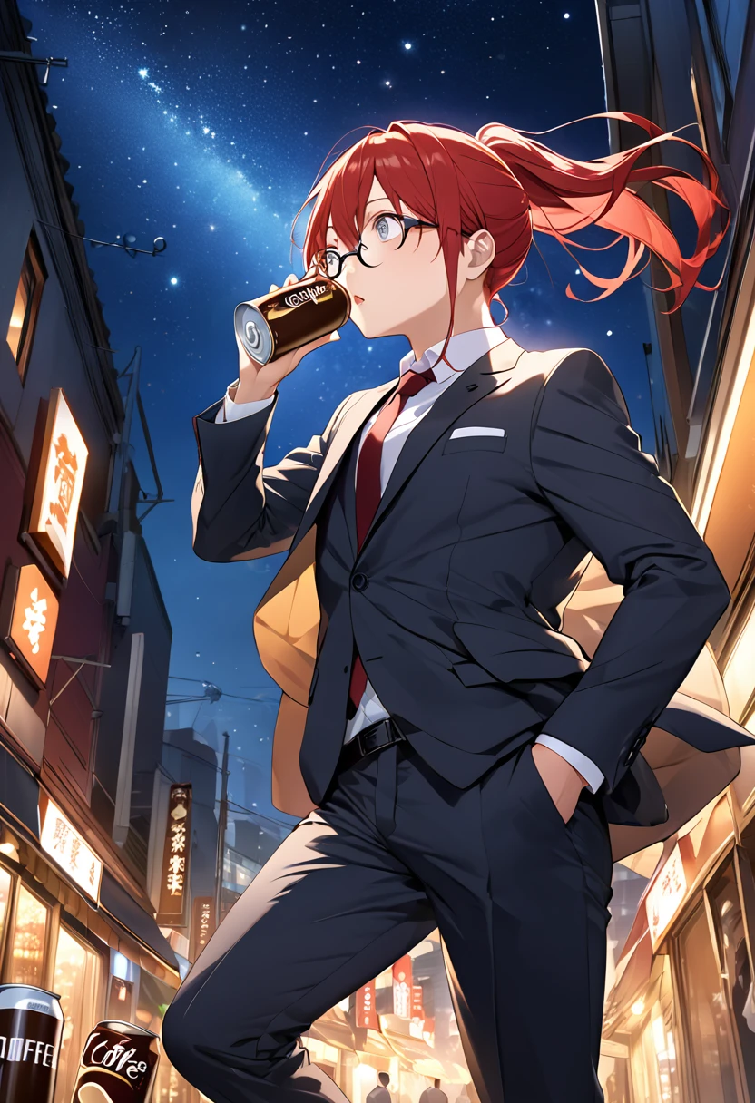 High image quality、Red hair in a ponytail、Wear glasses、Three white eyes、suit、tie、pants、night、Outdoor、Looking up at the starry sky、Canned coffee