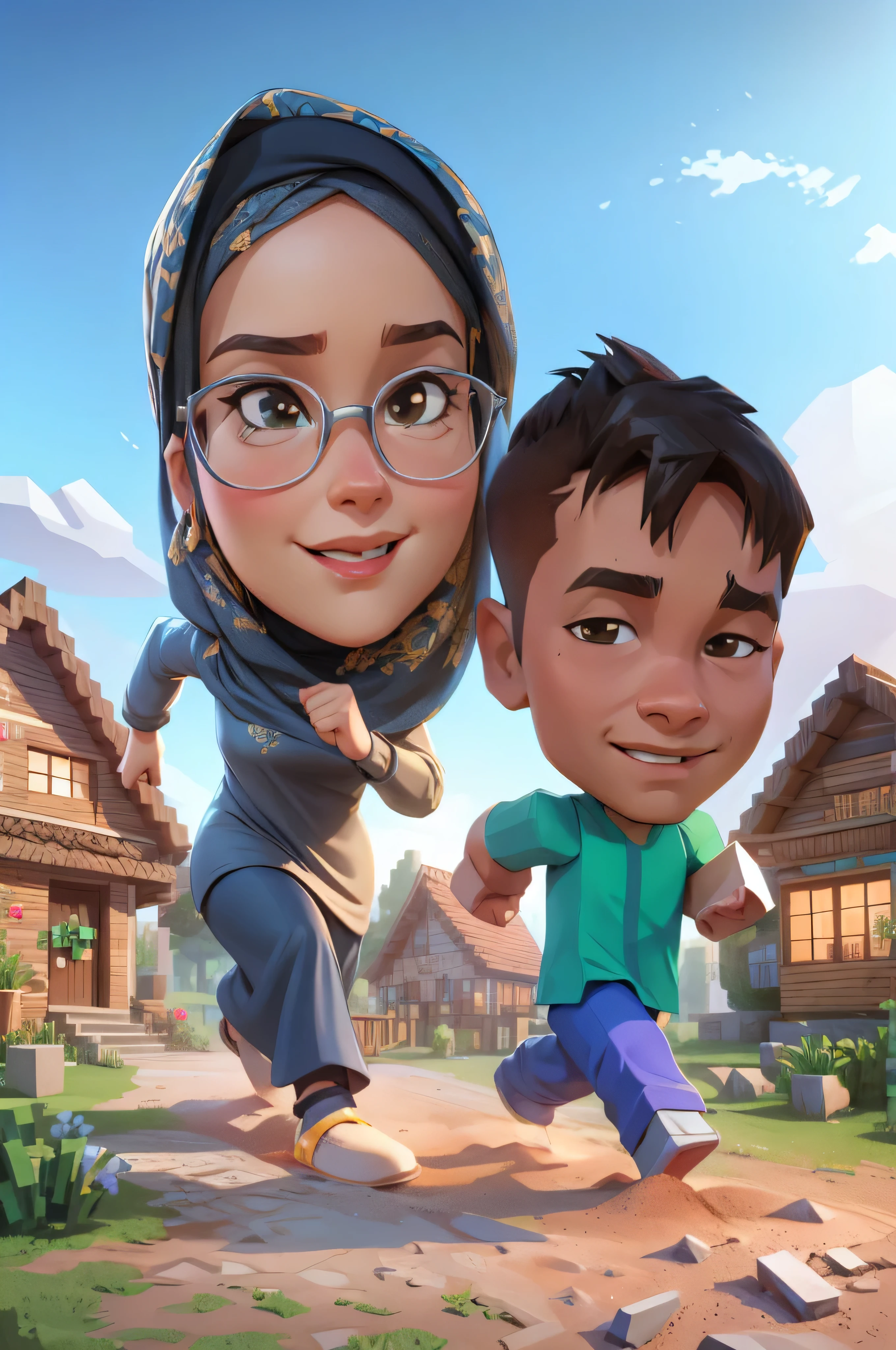 A mother wearing a hijab is teaching her son, background of a house and scenery in the Minecraft world, caricature illustration, full protrait, happy family, potrait, caricature style, chibi, caricature!!!, foto realistic, 3 d, 3d, charactor, photo 3d, 3d render