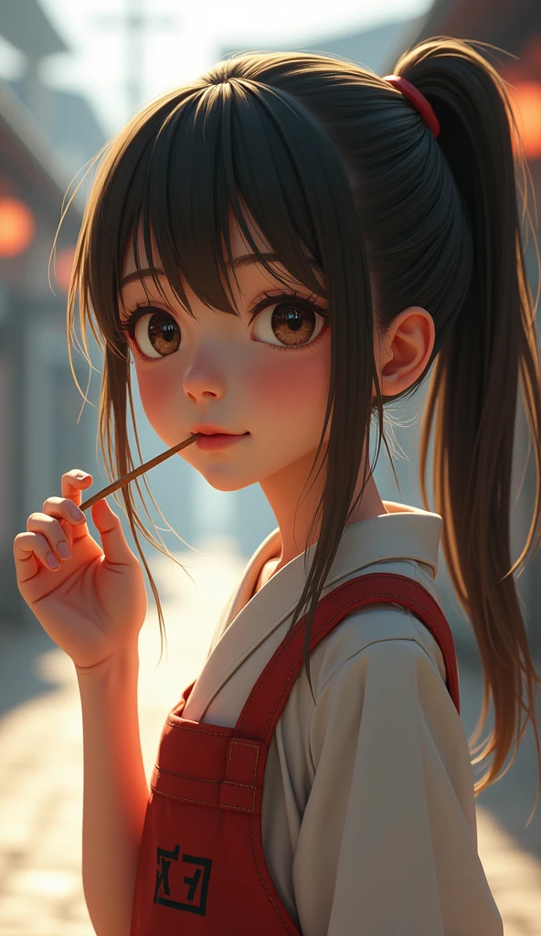 A very cute , sitting on the floor, with wavy brown hair, pink eyes, with a piece of bamboo in your mouth.