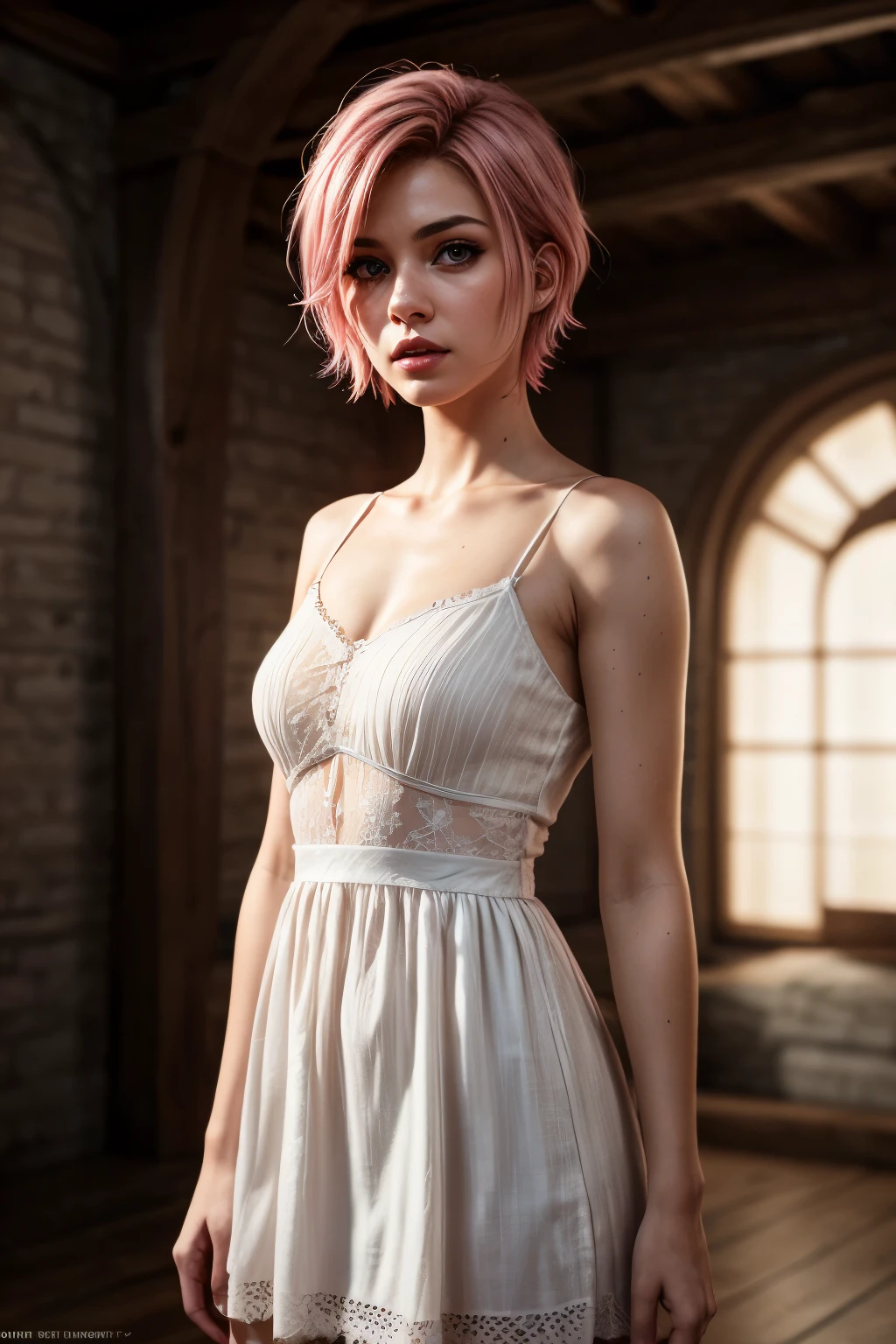 Best Quality, Masterpiece, Ultra High Resolution, (Realisticity: 1.4), Original Photo, 1girl, Will-o'-the-wisp, wearing classic Pinafore, Cinematic Lighting, full body, short hair, bangs, parted bangs, pink hair, accurate anatomy, large breasts, 