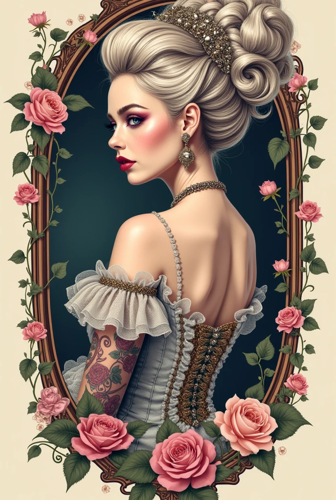 ((masterpiece)), (best quality) photorealistic ,fantasy, beautiful woman, good mood, topless ,beautiful round breasts, large breasts, dress-corset ,micro panties ,show your neck, bare shoulders ,show navel,exposed camel toe, Plum blossom tattoo on butt ,big eyes, long, thick eyelashes, plump lips, dark red eyes, blond hair long and thick, high ponytail, Intricate designs and patterns in the style of Alphonse Mucha ,Art Nouveau water color painting flowery dim light background