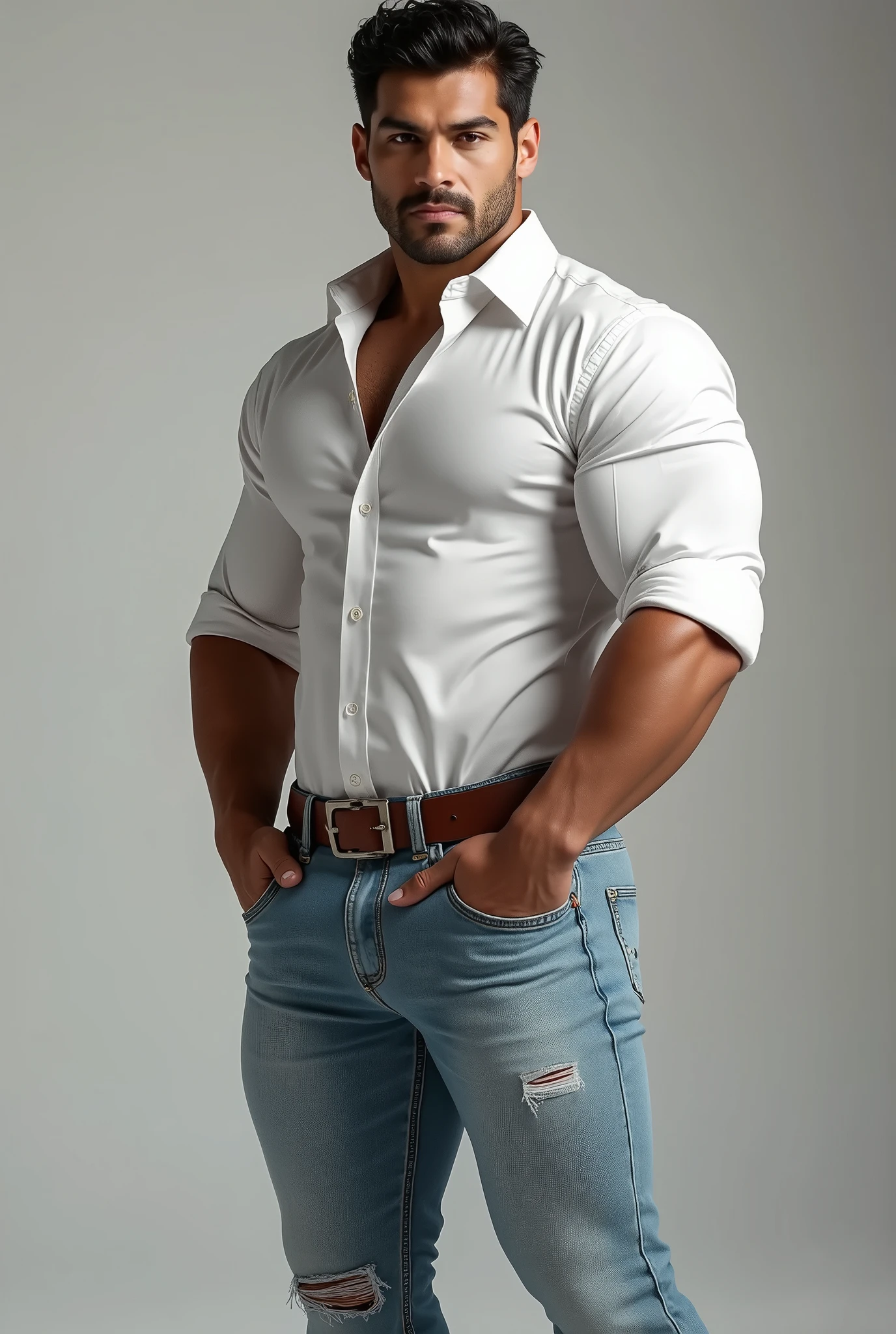 Carlos cuevas, sexy AND handsome man in a white shirt and light blue jeans,  35 años, brown belt, big muscles, Tall and muscular, watching to the cámara (((Big butt))