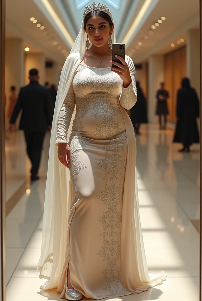 48 Years old, Indonesian Beauty Mature Mother, wearing Wide Hijab, ((perfect abs Body)), ((Fake Implant Breast)), ((Oversized Gigantic breast: 1.3)), ((Tanlined Breast)), Full Body, ((Busty Body)), gorgeous eyes, Soft smile, ((Lace Gown)), ((Standing)), Diamond Cross Necklace, , ((Oversized Wide Areolae)), Nightime walk, Excellent Soft light.