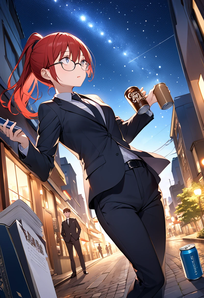 High image quality、woman、Petite、Small breasts、Red hair in a ponytail、Wear glasses、Three white eyes、suit、tie、pants、night、Outdoor、Looking up at the starry sky、Canned coffee１Book