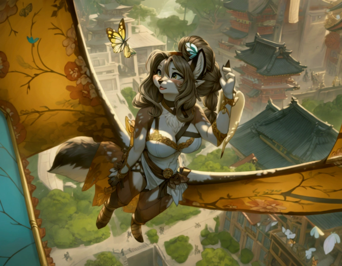 Sexy, warrior, anthropomorphic fox, wild hairstyle, female, flying on a giant butterfly, full body, fantasy Japanese city