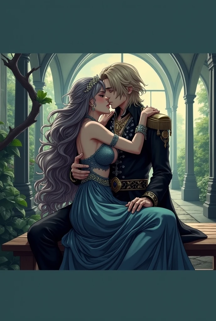 man  girl on bench in garden, proportional representation of the physique of the characters,beautiful drawing, long elven clothes, a very beautiful male  magician Avallak'ha, beautiful intelligent eyes, blond hair combed back below the shoulders, , royal, long clothes, sharp cheekbones, sunken cheeks, triangular face. straight nose, , a greenhouse near the palace man   in girl  lying on bench in garden, HUMAN GIRL WITH GRAY HAIR dressed in a beautiful royal lace lingerie with precious stones,mourning,the most gentle kiss on the lips,kissing on the lips,lips gently touching lips,a long kiss. proportional representation of the physique of the characters .Anime Style,man  girl on bench in garden