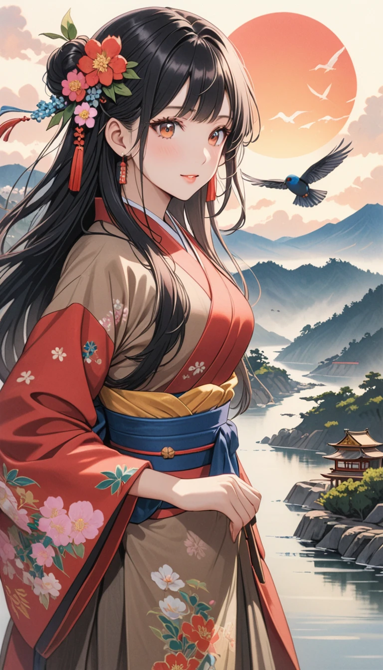  Beautiful woman, ((Colorful Japanese clothing)),looking away,Please laugh, Please comb your hair with your hands,In the distance, Calm Mountains々You can see., White cloud, lake, shrine, standing on a bridge, スタイリッシュに設計された建物You can see., (Japanese painting), art，Colored pencil drawing，Written by hand ,Beautiful black hair,Large Breasts,Long Hair,A small bird is flying in the sky