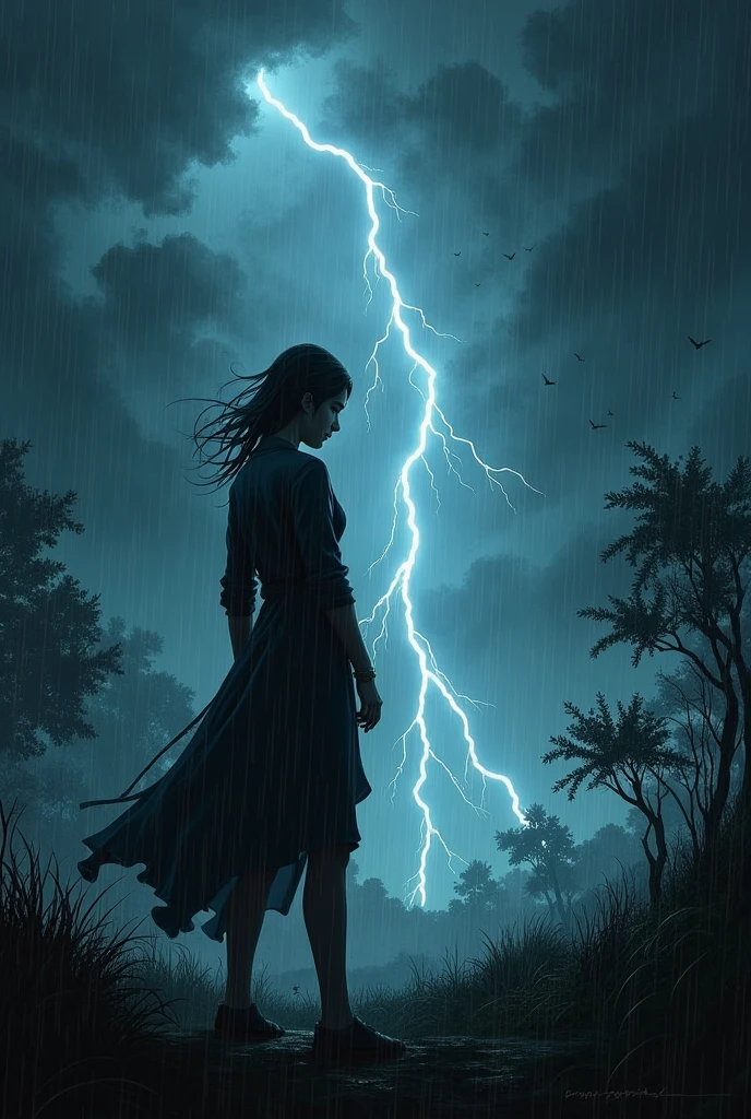 Woman in the middle of a thunderstorm with her back to the camera, with wet hair, digital art