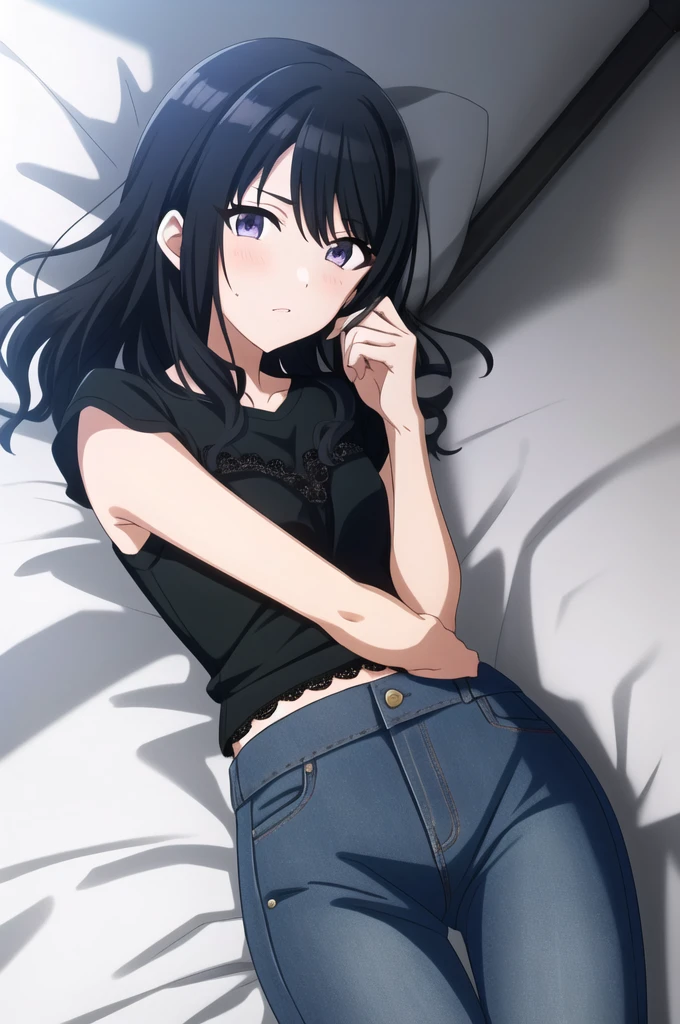 THE iDOLM@STER Shiny Colors, Hiori Kazano, detailed purple eyes, , 1 girl, medium hair, alone, hair between eyes,,,((undress denim pants)), 
beautiful long legs,Beautiful body,beautiful character design, perfect eyes, Perfect face,expressive eyes, looking at the viewer, lie on back ,lie on bed, in the center of the image, official art,High Definition CG Unity, Perfect lit, bright_front_face_lit, ,(Highest_quality:1.0),4k,Super detailed, photograph, 8K, nffsw, High resolution, absurd:1.2, kodak portrait 400, film grain, Lens flare, (lively_color:1.2) (beautiful, small breasts:1.4), (beautiful_face:1.3),(narrow_waist),blush,
(((detailed black shirt))), ((white lace panties)),