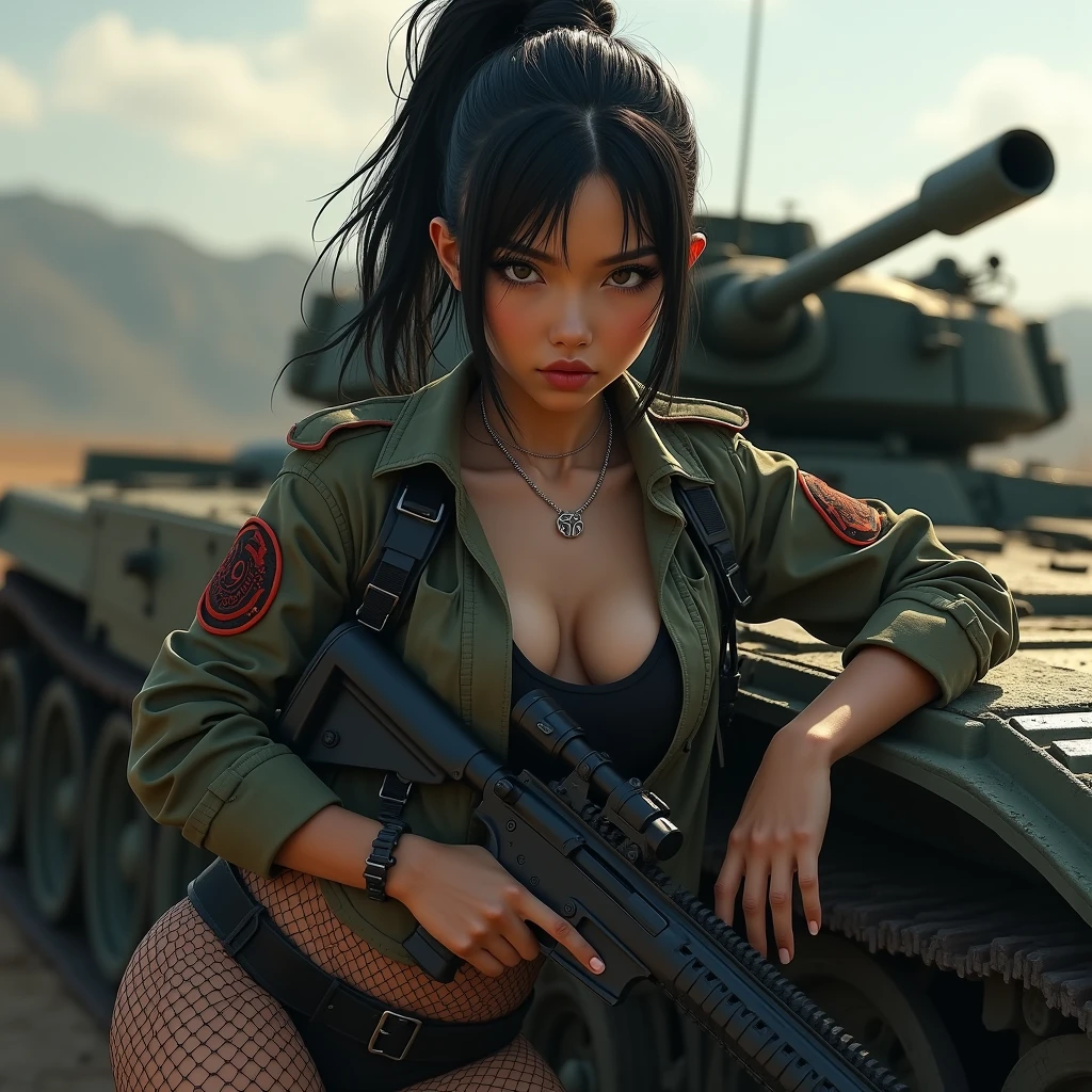 Full body in frame. (Tank tracks. Tank chassis(+1.5)). (Cyborg woman sticking out of top of a tank from her waist up(+1.9)). Safety glasses. Gladiator skirt . Huge breasts. Very slim. Deeply Dimpled chin. Narrow body. Bikini armor chestplate. Metal cat ear gamer headphones with radio antenna and microphone. Thick twin pigtail braids.