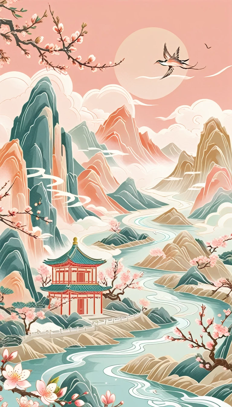 (Golden ratio composition), (Golden Ratio), Mountain, river, wood, Peach Blossom, spring, null, cloud, comics, Flat Illustration，National Peak，Chinese style，Gatch