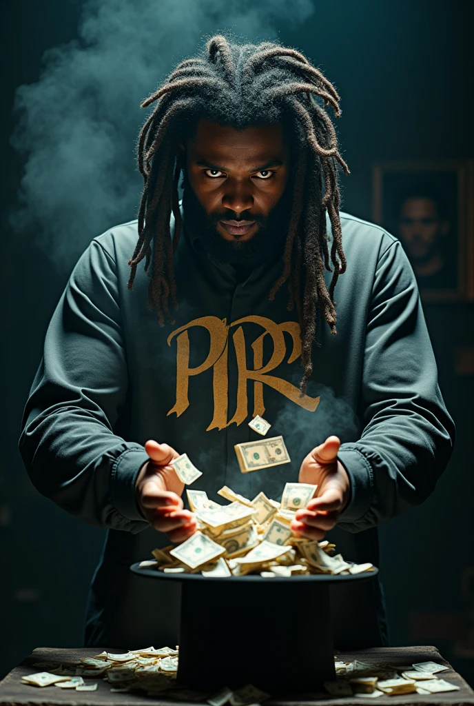 A fair-skin rich male afro beat artist, plaiteddressed hair, dressed in complete street hoodie, white bandana around his head, and a big white jacket, sitting at a table full of money in a big classic leather shoe shop, with four beautiful african girls behind him, each girl is dressed in yellow short sleeve shirt, black tie, white shoes and black pom pom short skirts, doing a different task; one girl is on head phone, another girl is presenting shoes to a male client, another girl is writing in a book, another girl is putting shoes on the shelf and a dark skinned male in suit is counting money from the same table and putting in a bag
