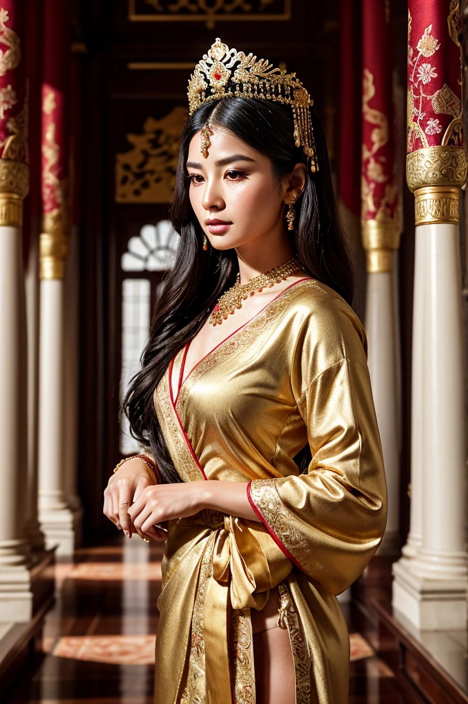 **{{Full body}} ultra realistic, masterpiece,top quality,8k,very beautifull (single nepali women) wearing traditional clothes, normal hands, professional color grading, soft shadows,perfect cleavage, large chest,perfact eyes, detailed eyes, detailed hair, long hair,looking at camera,no contrast, clean sharp focus, film photography,HDR,Canon EOS**shoot on royal Palace,detailed room finish with perfect art.