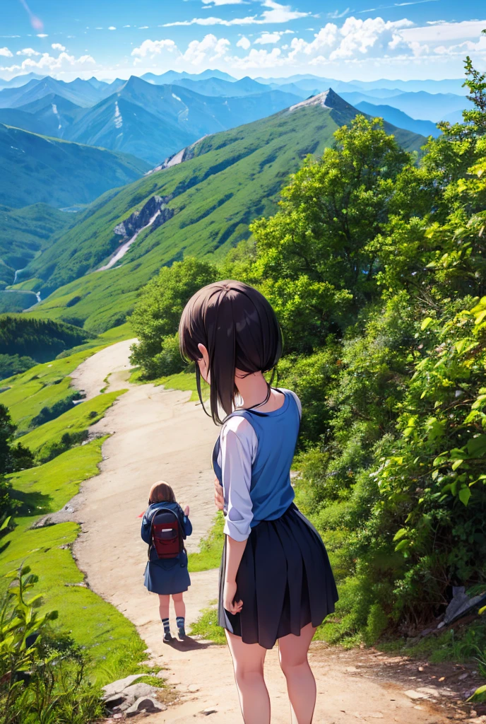 A girl looking down from the summit to the foot of the mountain、Rear view、Pull composition、There&#39;s a river flowing below、There are beautiful flowers blooming around、The girl has long light blue hair、Wearing a camisole、At dusk、sunset、Anime style illustrations